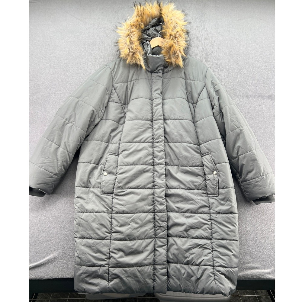 Roamans Puffer Coat Sz XL Faux Fur Hood Lined Winter Warm Grey